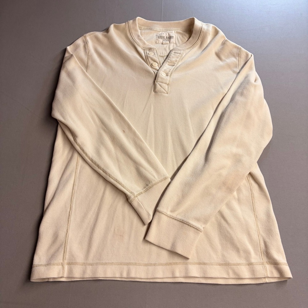 Eddie Bauer Mens Tall XL Cream Waffle Knit Thermal Henley Long Sleeve Shirt 6312